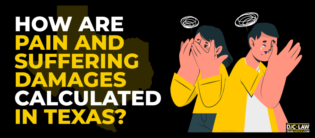 An infographic illustrating the calculation of pain and suffering damages in Texas, highlighting key legal factors and methods.