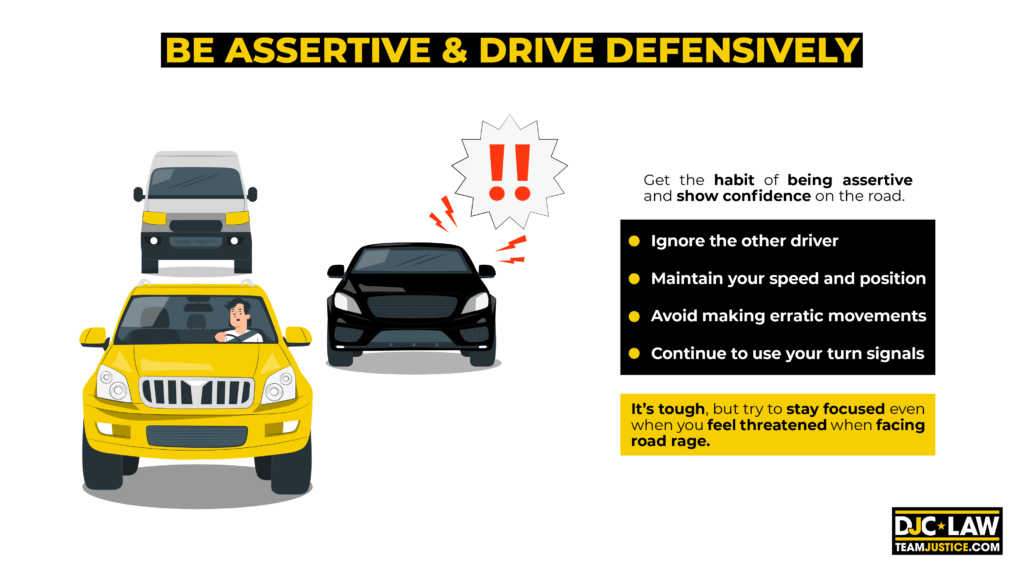 A confident driver navigating a road, demonstrating assertiveness and defensive driving skills for safety.