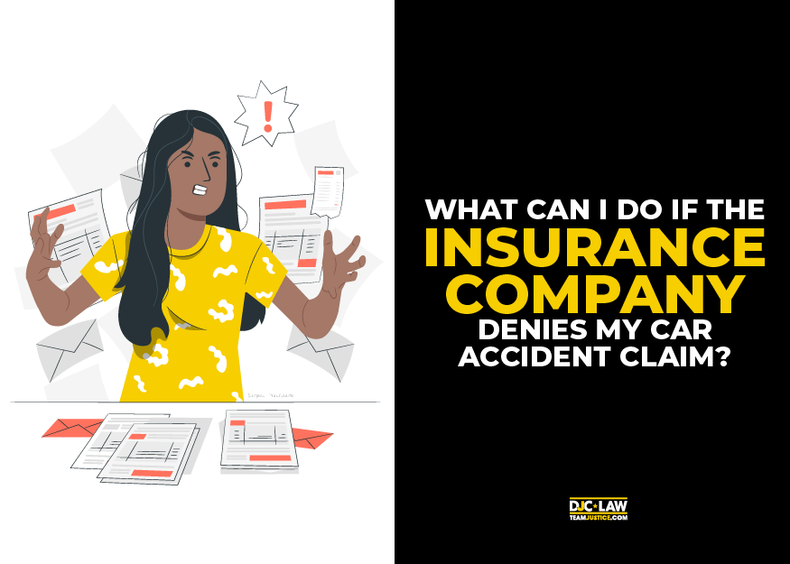 Image depicting steps to take if an insurance company denies a car accident claim, including appeals and legal options.