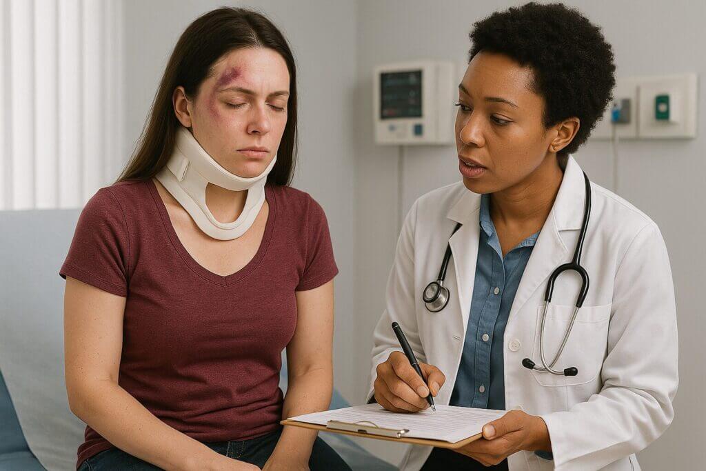 Injured woman with neck brace consults doctor after t bone accident injury assessment.