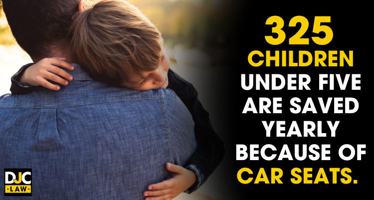 Image of a child hugging their father and a text stating that 35 children under five are saved annually due to the use of car seats.