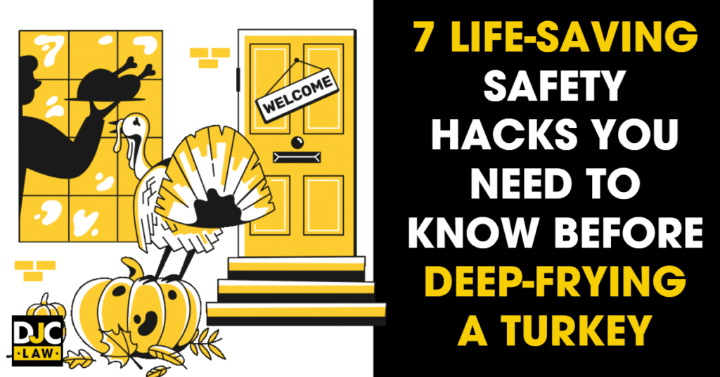 A cartoon turkey peers into a house, looking frightened as it sees a man carrying a cooked turkey, with the title above reading, "7 Life-Saving Safety Hacks You Need to Know Before Deep Frying a Turkey."