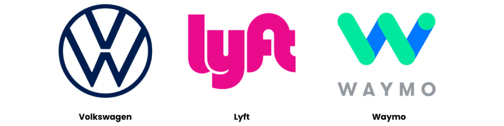 Logos of Volkswagen, Lyft, and Waymo, representing companies in the self-driving car and transportation industry.