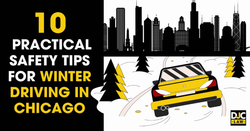 A yellow vehicle navigating a snowy road, featuring the phrase: "10 practical safety tips for winter driving in Chicago."