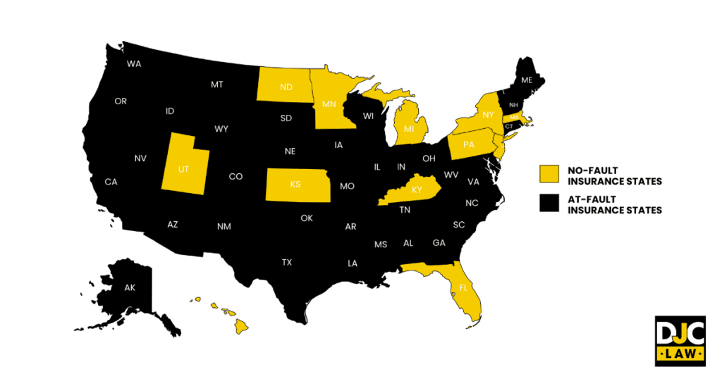 A map of the United States showing the 12 states that are no-fault insurance states and the other 38 states that are at-fault insurance states.