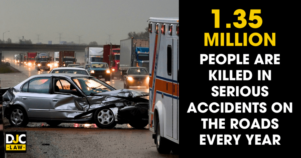 A depiction of a car accident on a highway symbolizes the 1.35 million lives lost annually due to severe road accidents.