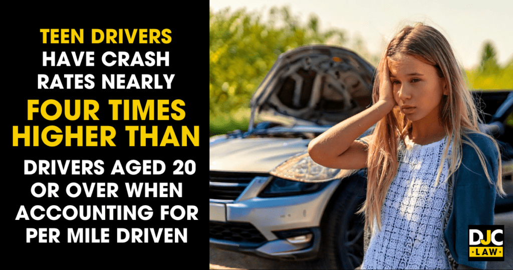 An image that shows teen drivers' crash rates are nearly four times higher than those of drivers over 20 years old.