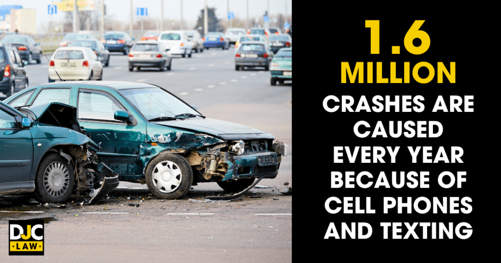 Image of a car crash emphasizing the statistic that distracted driving causes 1.6 million crashes annually.