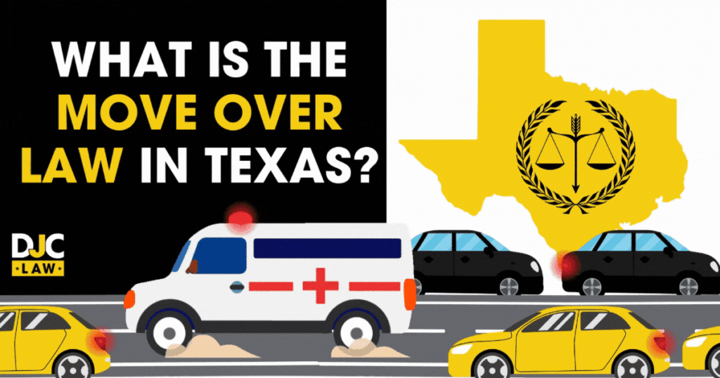 An illustration of an ambulance driving down a street with cars pulled to the side, emphasizing Texas move-over laws, with the title "What is the Move Over Law in Texas?" displayed above.