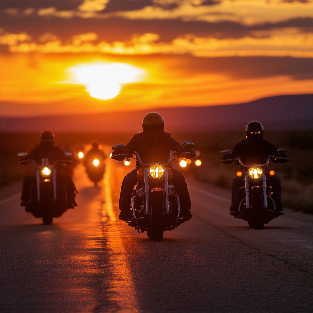 Several motorcyclists cruising down a picturesque road, embodying freedom and the spirit of exploration.