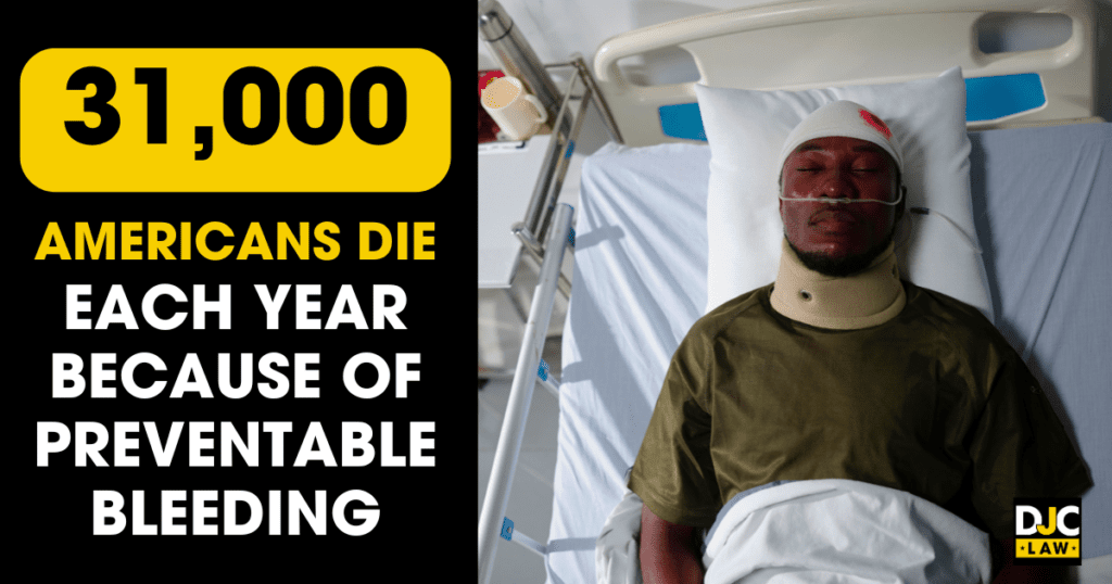 A man in a hospital bed, highlighting the statistic: 31,000 Americans die from preventable bleeding each year.