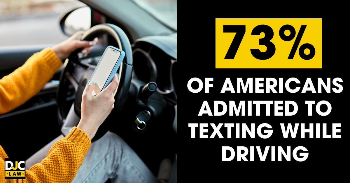  An image of a person texting while driving, highlighting a major road safety concern as 73% of Americans admit to this dangerous habit.