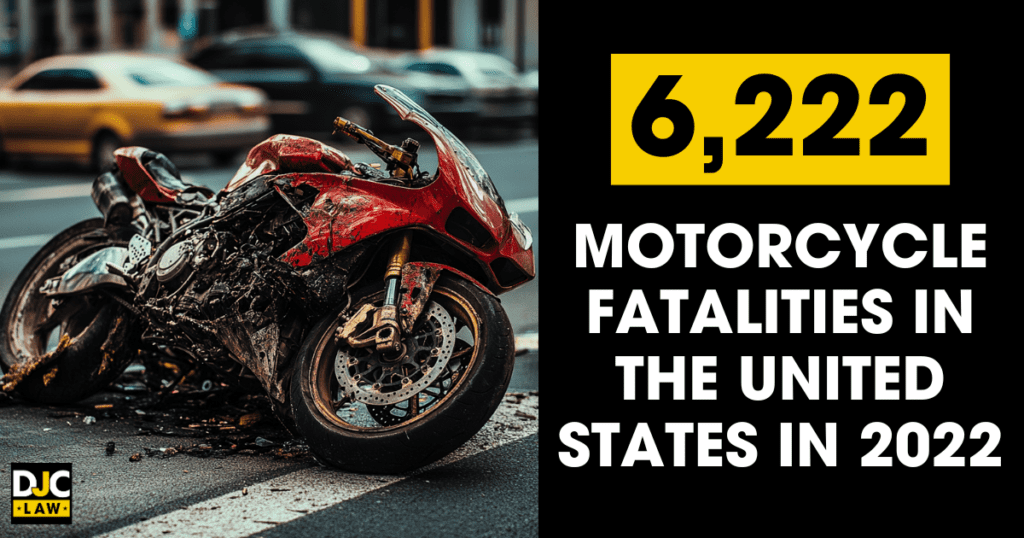 A broken-down motorcycle on the roadside along with text stating '6,222 motorcycle fatalities in the United States in 2022,' emphasizing the risks of motorcycle riding.