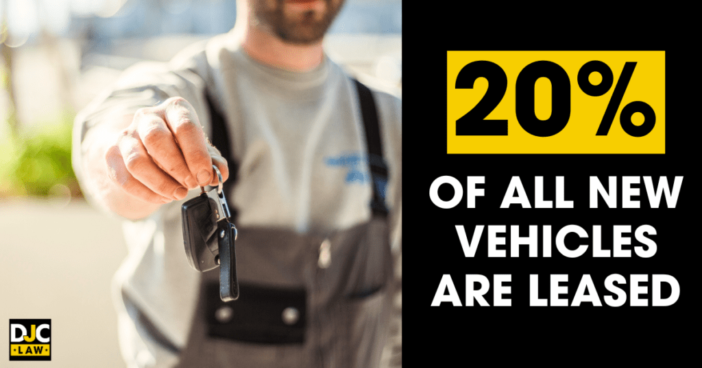 A man holds a key to a vehicle, highlighting that 20% of all new vehicles are leased.