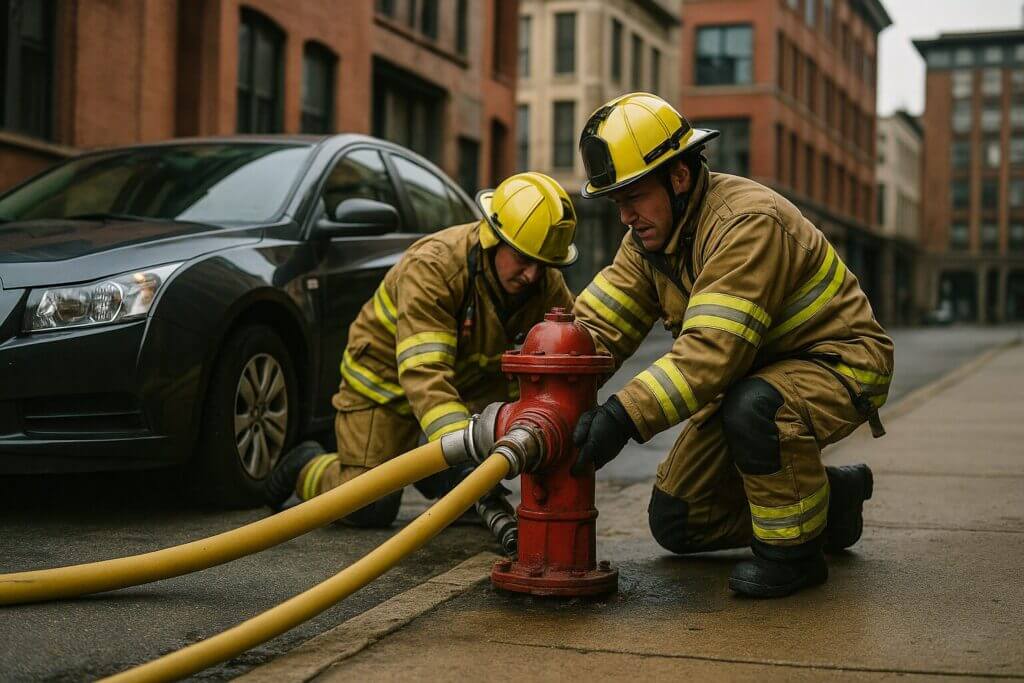Two firefighters connect hoses to hydrant near parked car, showing how far you can park.