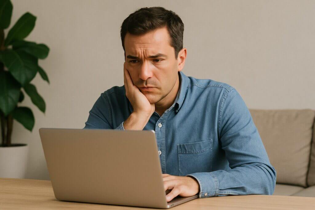 Concerned man researching online for a consumer protection attorney after facing a legal issue