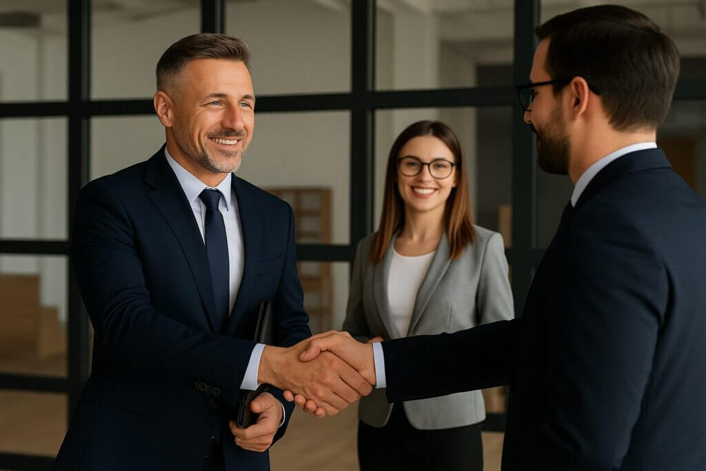 Client shaking hands with a consumer protection attorney after successful legal consultation.